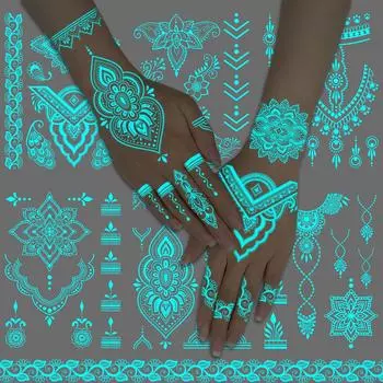 1 лист водонепроницаемой и прочной временной белой татуировки хной с мандалой, светящейся