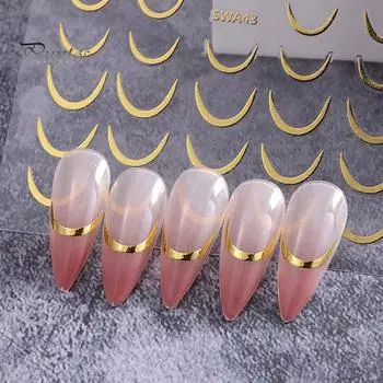 1 лист наклейки для ногтей в виде полумесяца, водонепроницаемая самоклеящаяся наклейка золотисто-серебристого цвета, убывающая луна, женская накладная наклейка для украшения ногтей золотистый
