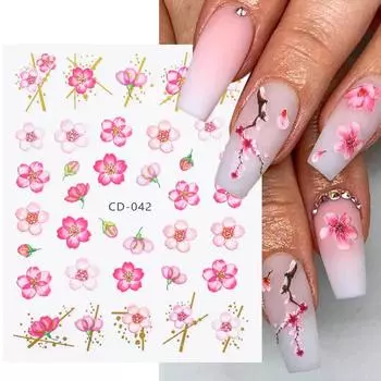 1 лист, весенний розовый цветок, клейкая наклейка для ногтей, вишневый цвет, персиковый цвет, наклейка для ногтей, украшение для дизайна ногтей
