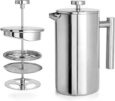 1 литр (8 чашек), Френч-пресс для кофе из нержавеющей стали 304 с двойной стенкой и изоляцией серебряный