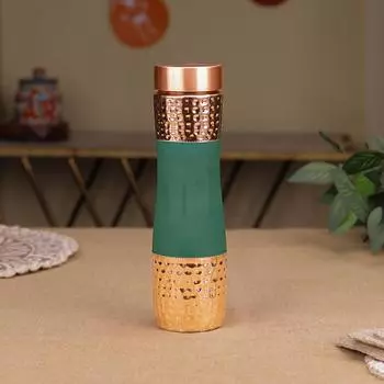 1 литр Аюрведическая бутылка для воды, защищенная от ржавчины и протечек, не содержит БФА, офисная бутылка для укрепления иммунитета (Кованая медь, цвет бутылочно-зеленый)