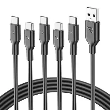 [1 м x 5 шт./черный] USB-кабель C RAMPOW тип c 3A быстрая зарядка QuickCharge3.0 совместимый с USB2.0 стандартный кабель для зарядки iPhone 16/16e/iPhone 15