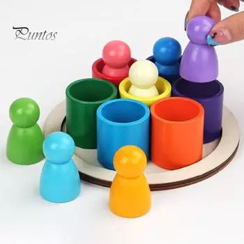 1 набор деревянных цветных сортировочных стаканчиков для мелкой моторики, 6 цветов, игра на сопоставление мини-человечков, для малышей, мальчиков и девочек, развивающая игрушка для сортировки «Радужная игрушка» 1 Set