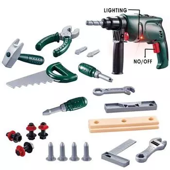 1 набор детских игрушечных инструментов с электрической дрелью, отверткой, гаечным ключом, пилой, молотком, плоскогубцами, винтами, битами, образовательными игрушками для симуляции ремонта зелёный