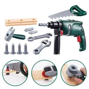 1 набор детских игрушек-инструментов с электрической дрелью, отверткой, гаечным ключом, пилой, молотком зелёный