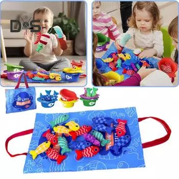 1 набор для игры в рыбную ловлю для малышей с ведрами, коврик для хранения, 15 тканевых игрушек-рыбок, для дошкольников, для обучения детей, для сортировки по цвету, для сопоставления рыб, развивающая игрушка для мальчиков и девочек синий