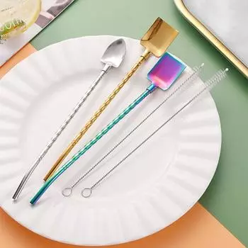 1 набор ложек-соломинок с чистящей щеткой, нержавеющая длинная ручка, зеркальная полировка, можно мыть в посудомоечной машине, столовая посуда из нержавеющей стали, двойное использование, десертная ложка