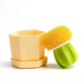 1 набор мягкой щетины для мытья посуды с кактусом и поддоном для слива, ручная кухонная щетка для мойки, сковородок, кастрюль - неэлектрический инструмент для чистки зелёный
