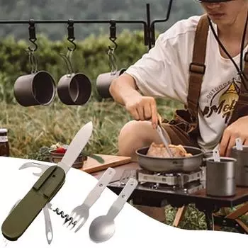 1 набор складных столовых приборов многоразового использования, легко переносить, нержавеющая сталь, портативная ложка-вилка, нож для пикника на открытом воздухе с сумкой, палаточное оборудование зелёный