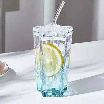1 набор стеклянных чашек с соломинкой и крышкой, пятиконечная звезда, стеклянная градиентная кружка для холодных напитков, ледяной кофейной кружки, посуда для напитков, декор рабочего стола 300ml прозрачный