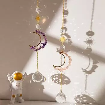 1 настенное украшение из грубого камня и хрусталя, выполненное в форме луны и солнца, для украшения домашнего сада