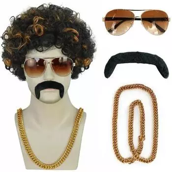 1 ожерелье + 1 очки + 1 шапочка для парика + 1 борода + синтетические короткие афро вьющиеся черные коричневые 80-е 70-е годы диско-рок мужской парик для косплея на Хэллоуин 12Inches кофейный