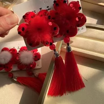 1 Pair Ancient Style Girl S Hair Clip Chinese Style Hair Clip Year Headwear Hanfu Baby Plush Flowers Clip Hair Accessories красный