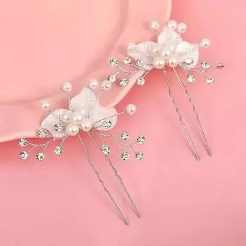 1 Pair Bridal Bridesmaid Pearl Crystal Leaf Headpiece Hair Pin Hairpin Pearl Headwear Hairpin Ornaments Fashion Accessory 2 Pcs