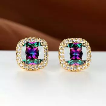 1 Pair Emerald Cut Rainbow Stone Earrings Princess Cut White Yellow Red Purple Color Birthstone Stud Earrings ARI золотой