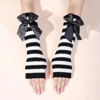 1 Pair Fall Winter Gloves Fingerless Striped Print Knitted Bow Decor High Elasticity белый