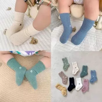 1 пара модных школьных носков для мальчиков и девочек с буквой R в корейском стиле, носки из телячьей кожи для малышей, милые весенние летние мягкие хлопковые носки S