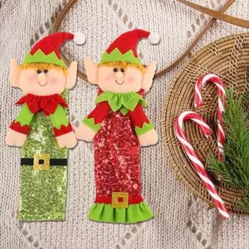 1 пара чехлов на ручки холодильника, рождественские чехлы на ручки холодильника в виде эльфа, простая установка, чехлы на ручки в виде шапки Санты с блестками для кухонного рождественского декора 1 Pair