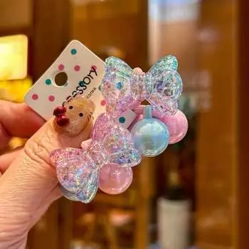 1 Pair Kids Elastic Hair Bands - Sparkling Gradient Bursting Bow Cute Headwear Girls Hair Accessories