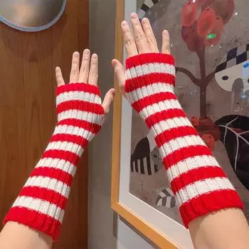 1 pair Medium Length Open Finger Gloves False Sleeves Stripe Elbow Mittens Long Colorful Knitted Arm Cover Autumn Winter