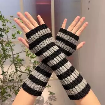 1 pair Medium Length Open Finger Gloves Autumn Winter Striped Knitted Gloves False Sleeves Stripe Elbow Mittens