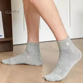 1 пара мужских хлопковых носков до щиколотки средней длины, без запаха, с сеткой, однотонные, с вышивкой, высокая эластичность, противоскользящие, впитывающие пот, не садятся, спортивные, всесезонные серый