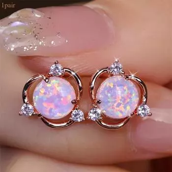1 Pair of Exquisite Copper Earrings Set with Opal Featuring Small Flower Design Elegant Retro Style for Autumn and Winter Valentine s Day