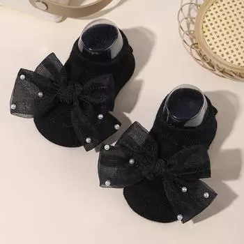 1 pair of lace bow socks chiffon pearl delicate breathable socks baby girl toddler letter socks