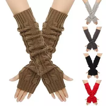 1 pair Open Finger Gloves Knitted Pattern Arm Cover Extended Woolen Gloves Knitted Arm Warm Gloves