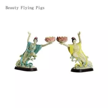 1 pair Resin Dunhuang fairy lamp holders Chinese lotus Buddha front lamp holder offering feng shui ornaments Candlestick holder