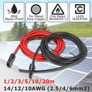 1 Pair Solar Panel Extension Cable Copper Wire Black and Red with MC4 Connector Solar PV Cable 2.5mm 14 AWG 1m