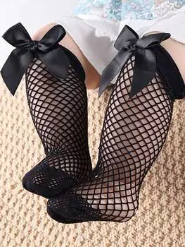 1 Pair Summer Fashion Socks for Kids, Baby Girls Summer Black White Breathable Mesh Socks with Bow, Cute Child Socks for 0-6 Years One Size