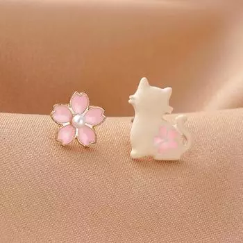 1 пара женских серег с белым котом и розовым цветком, асимметричные серьги-гвоздики из искусственного жемчуга, ювелирные изделия