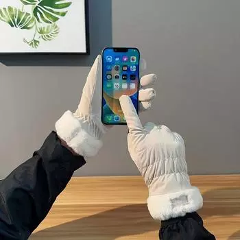 1 Pair Winter Soft Plush Cuff Gloves Plus Velvet Thickened Warm Waterproof Touch Screen Gloves Autumn Winter Coldproof Cycling