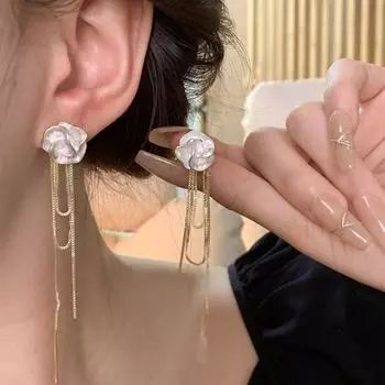 1 Pair Women Earrings Camellia Tassel Pendant Rhinestone Decor Aloy Polished Floral Hanging