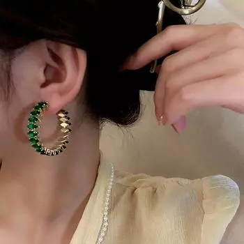 1 пара женских серег-колец с блестящими стразами, круглые роскошные женские серьги для подарка 2 зелёный