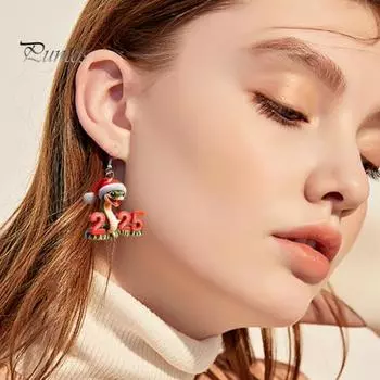 1 пара 2025 Новогодние серьги-подвески в форме мультяшной змеи, акриловые серьги-крючки, легкие праздничные украшения для ушей для вечеринок красный