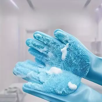 1 пара 2-в-1 силиконовых перчаток для купания домашних животных и щетка для собак, принадлежности для массажа и купания, толстые перчатки 1 pair синий