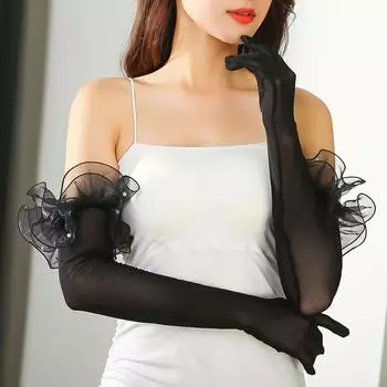 1 пара 55 см, солнцезащитные перчатки для невесты, черные шелковые, свадебный декор, этикет, варежки с искусственным жемчугом, длинный рукав, прозрачная сетка белый