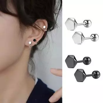1 пара 6 мм маленьких симпатичных сережек-гвоздиков с ромбовидным винтом для женщин и мужчин, геометрические шестиугольные серьги-гвоздики в виде косточки для ушей, простые ювелирные изделия серебряный