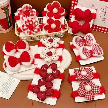 1 пара эластичных резинок для волос с бантом и цветком, детские милые резинки для волос, милые красные повязки на голову, кавайные аксессуары для волос на год, подарки