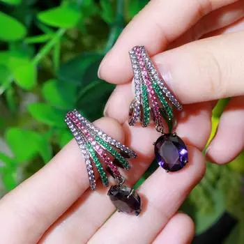 1 пара элегантных длинных висячих серег с фиолетовым цирконием овальной огранки для женщин, винтажные свадебные серьги черного и золотого цвета для невесты фиолетовый