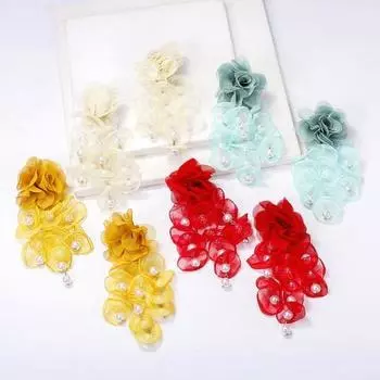 1 пара элегантных многослойных шифоновых кружевных сережек-подвесок с длинными многослойными лепестками, милые серьги-подвески с искусственным жемчугом для девочек, ювелирные изделия, подарок красный