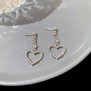 1 пара элегантных полых висячих сережек в форме сердца со сверкающими стразами, инкрустированными каплями серебряный