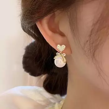 1 пара элегантных серег-капель с бантиком в виде сердца, висячие серьги, блестящие искусственные стразы белый