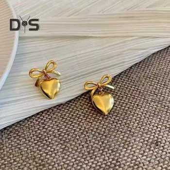 1 пара элегантных серег-капель, женские висячие серьги с бантом и сердцем, роскошные серьги-гвоздики с бантом, ювелирные изделия, подарок золотистый