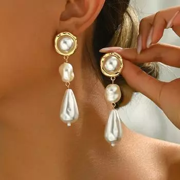 1 пара элегантных винтажных барочных сережек-капель с искусственным жемчугом и инкрустацией из металла, больших эффектных сережек для женщин на праздник, вечеринку, свидание и повседневный наряд one-size