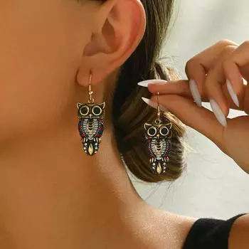 1 пара элегантных винтажных роскошных цветных женских сережек в форме совы со стразами для повседневных путешествий, свиданий, подарков, вечеринок, отпусков Size-one size разноцветный