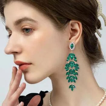 1 пара элегантных висячих сережек из искусственного хрусталя со стразами, женские длинные серьги в форме листа, эффектные серьги-гвоздики, ювелирные изделия, подарок зелёный