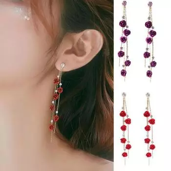 1 пара элегантных женских серег с блестящими стразами и длинной кисточкой в виде розы